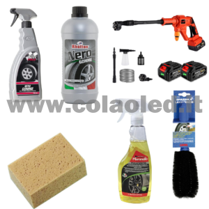 Kit Pulizia pneumatici lavaggio Ruote e gomme + idropulitrice professionale a batteria 1400w set da 11pz.