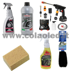 Kit Pulizia pneumatici lavaggio Ruote e gomme + idropulitrice professionale a batteria 680w set da 11pz.